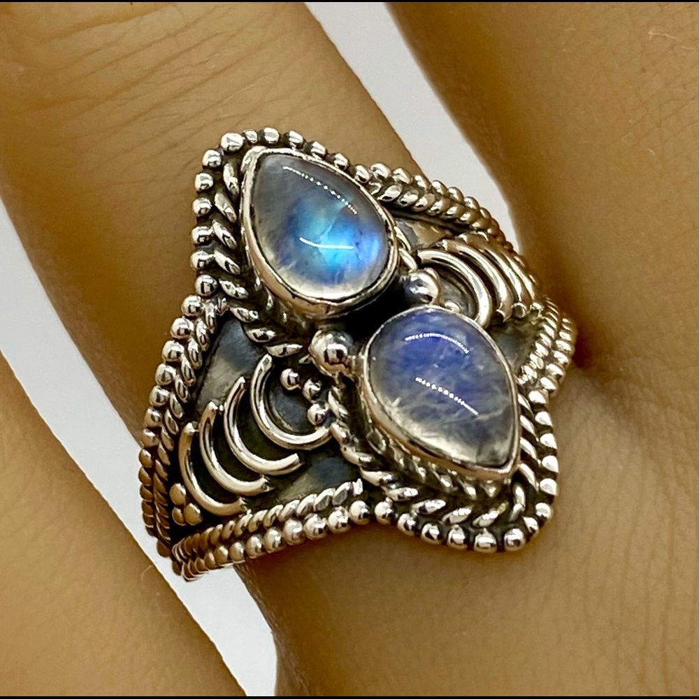 Genuine Rainbow Moonstone & Solid Sterling Silver Ring - Sz. 9